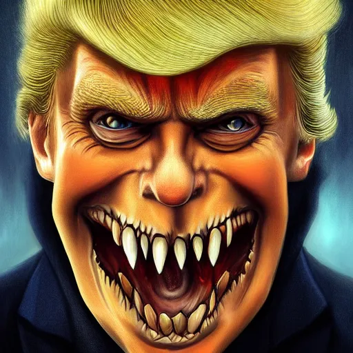 Image similar to portrait of donald trump dracula showing his fangs, intricate, elegant, highly detailed, centered, grungy, digital painting, artstation, concept art, smooth, sharp focus, boris vallejo