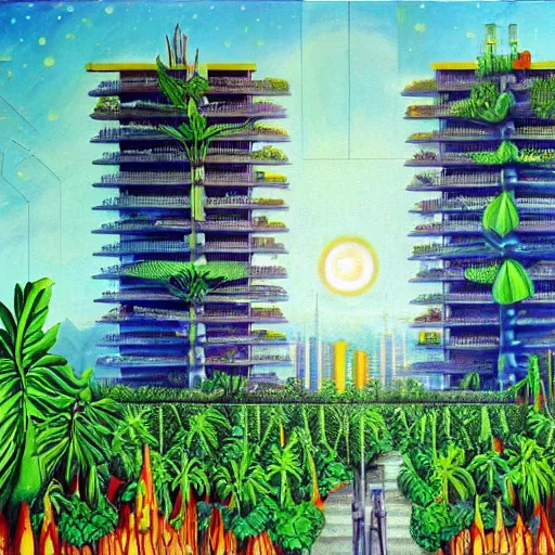 Image similar to a solar punk lush giant plants city, modern architecture by ricardo bofill, city of the jungle, by enrich, victorenrich, galactic nebula, surrealist oil painting