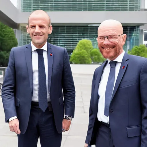 Prompt: Emmanuel macron posing with Walter white, 50mm F1/4