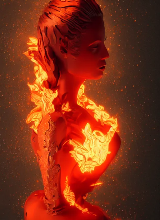 Image similar to sculpture made of flame, portrait, female, future, torch, fire, harper's bazaar, vogue, fashion magazine, intricate, concept art, close up, ornate, luxury, elite, elegant, trending on artstation, by ruan jia, by Kenneth Willardt, by ross tran, by WLOP, by Andrei Riabovitchev,