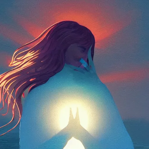 Image similar to Silhouette of a praying woman, intricate, elegant, fantasy, highly detailed, digital painting, concept art, Junji Ito, sharp focus, illustration, beautiful volumetric lighting, epic light, artstation, magic hour lighting, colorful, sunshine, springtime, art by Sylvain Sarrailh