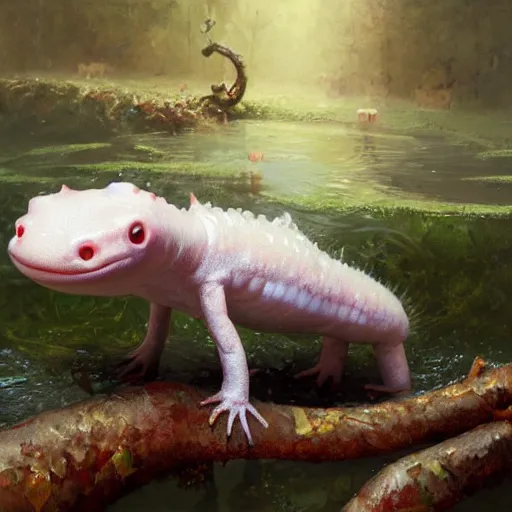 Image similar to Cute marshmallow axolotl crawling from a cacao swamp, salamander, candy world, oil painting, by Greg Rutkowski