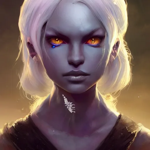 Image similar to kerli koiv as drow. d & d portrait character headshot, sharp, digital matte painting, anime key art by yoshitaka amano, greg rutkowski, wlop, dramatic lighting, trending on artstation