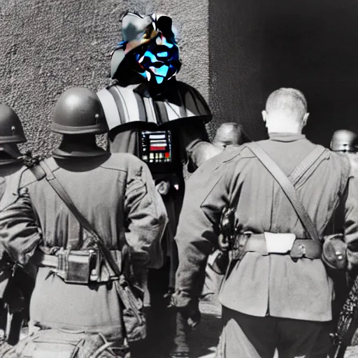 Image similar to Darth Vader with American Soldiers during WWII, black and white photo