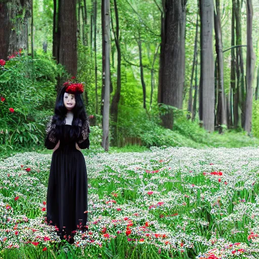 Prompt: black haired girl in victorian clothing surrounded in a forest full of red spider lily flowers on a semi-cloudy day, 4k detailed