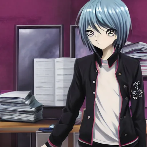 Image similar to aloof anime man with black emo hair wearing baggy shorts, standing in headmistress's office, smug grin, smug expression, punchable expression, punchable face, he's a jerk, sharp details, subsurface scattering, intricate details, art by artgerm, anime, anime hd wallpaper, 2 0 1 9 anime screenshot