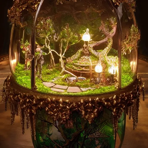 Prompt: a miniature tabletop forest glowing under an ornate glass dome, by paulette tavormina and janet fish, on a sumptuous tablecloth, hyper realistic, extremely detailed, dramatic lighting, victorian, unreal engine, featured on artstation