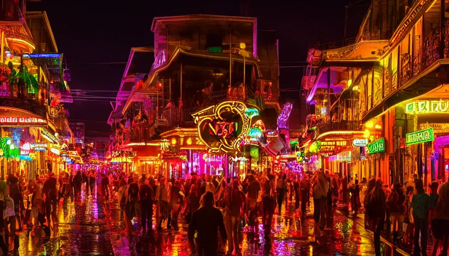 Prompt: crowded neo - gothic bourbon street with color lights, neons, fanfare, hyperdetailed, artstation, cgsociety, 8 k