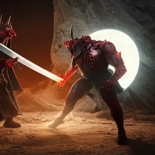 Image similar to Fight between a powerful demon and a knight , volumetric lighting, moon light, hyperrealistic, beautiful details, HDR, octane render, action shot, wide angle, horror theme, cinematic,