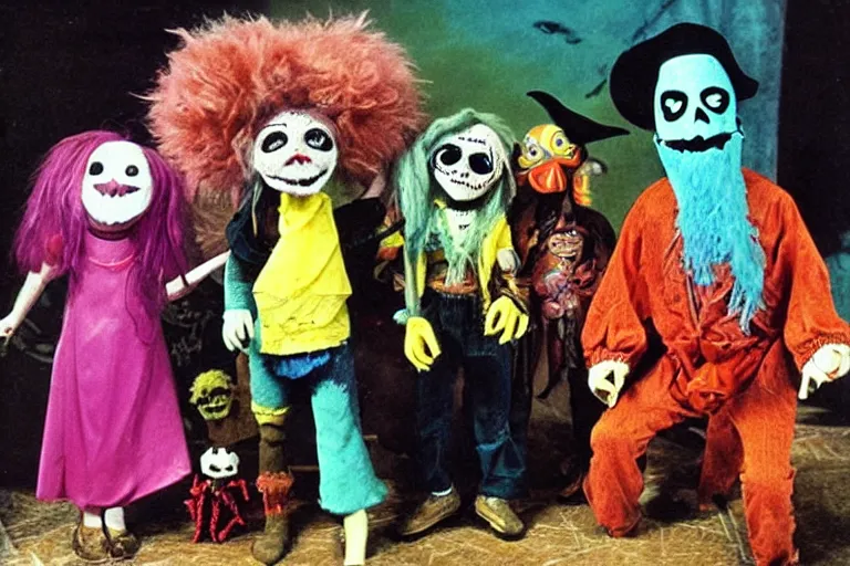 Prompt: a full color still from a weird live action 1 9 7 3 kids show about death, pirate puppets, fuzzy ghost, grunge, horror