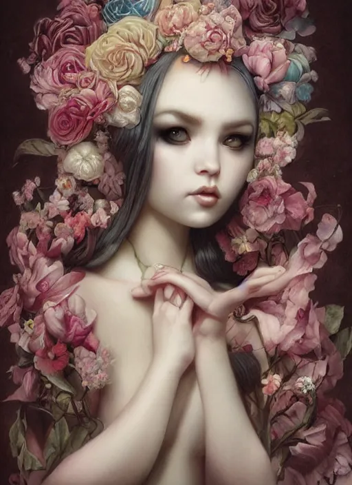Image similar to pop surrealism, lowbrow art, realistic seductive cute woman painting, long hair, japanese shibari with flowers, hyper realism, muted colours, rococo, natalie shau, loreta lux, tom bagshaw, mark ryden, trevor brown style,