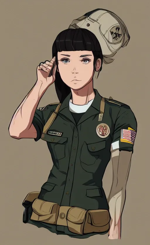 Image similar to T-shirt design, portrait of soldier girl, 2022 anime style, clean logo, graphic templates, flight squadron insignia, vintage colors, soldier clothing, realistic military gear, inspired by shirt designer, made in blender, no background, vector line art, by ilya kuvshinov, trending on teemill, symbology, realistic human anatomy, high resolution, matte, empty hands, realistic military carrier