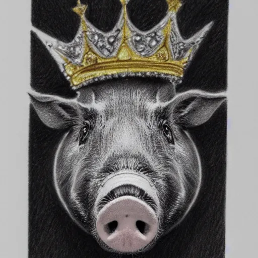 Prompt: Highly detailed pencil drawing of a pig wearing a gold crown