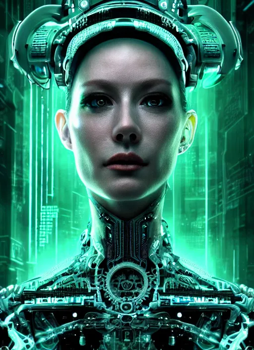 Image similar to 35mm portrait of intricate 7 of 9 borg with eye implant, on the background of a weird magical mechanical forest. Round gears visible inside her hear. Very detailed 8k. Fantasy cyberpunk horror. Sharp. Cinematic post-processing