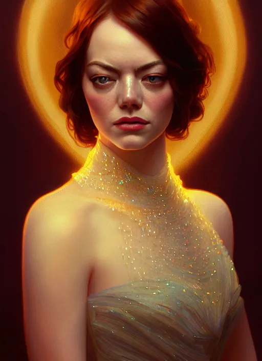 Image similar to portrait of emma stone, intricate, elegant, glowing lights, highly detailed, digital painting, artstation, glamor pose, concept art, smooth, sharp focus, illustration, art by wlop, alphonse mucha and greg rutkowski