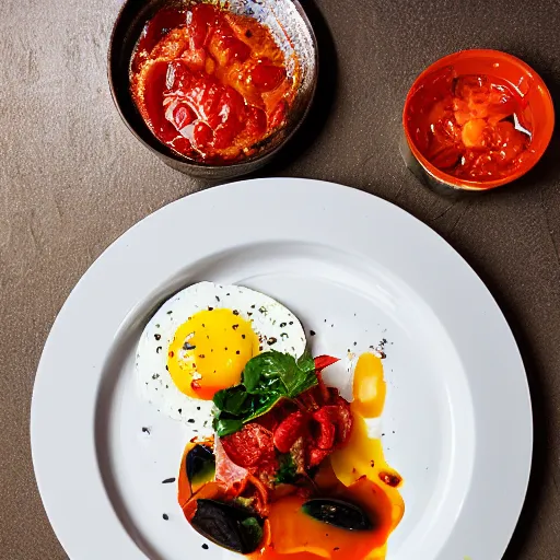 Prompt: black pudding ceviche in leche de tigre, roasted tomatoes, fried egg, chili oil, michelin starred restaurant, award winning photography, noma, by rene redzepi, by pierre gagnaire, food photography, highly detailed, culinary plating