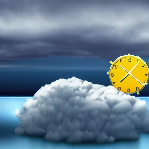 Image similar to a clock floating on an floating island, there are clouds around, it is on earth, on the background there are other floating islands too, floating at the ozone layer, cartoony, 4 k resolution, award winning