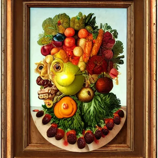 Image similar to a man made out of fruits and vegetables by giuseppe arcimboldo, oil on canvas