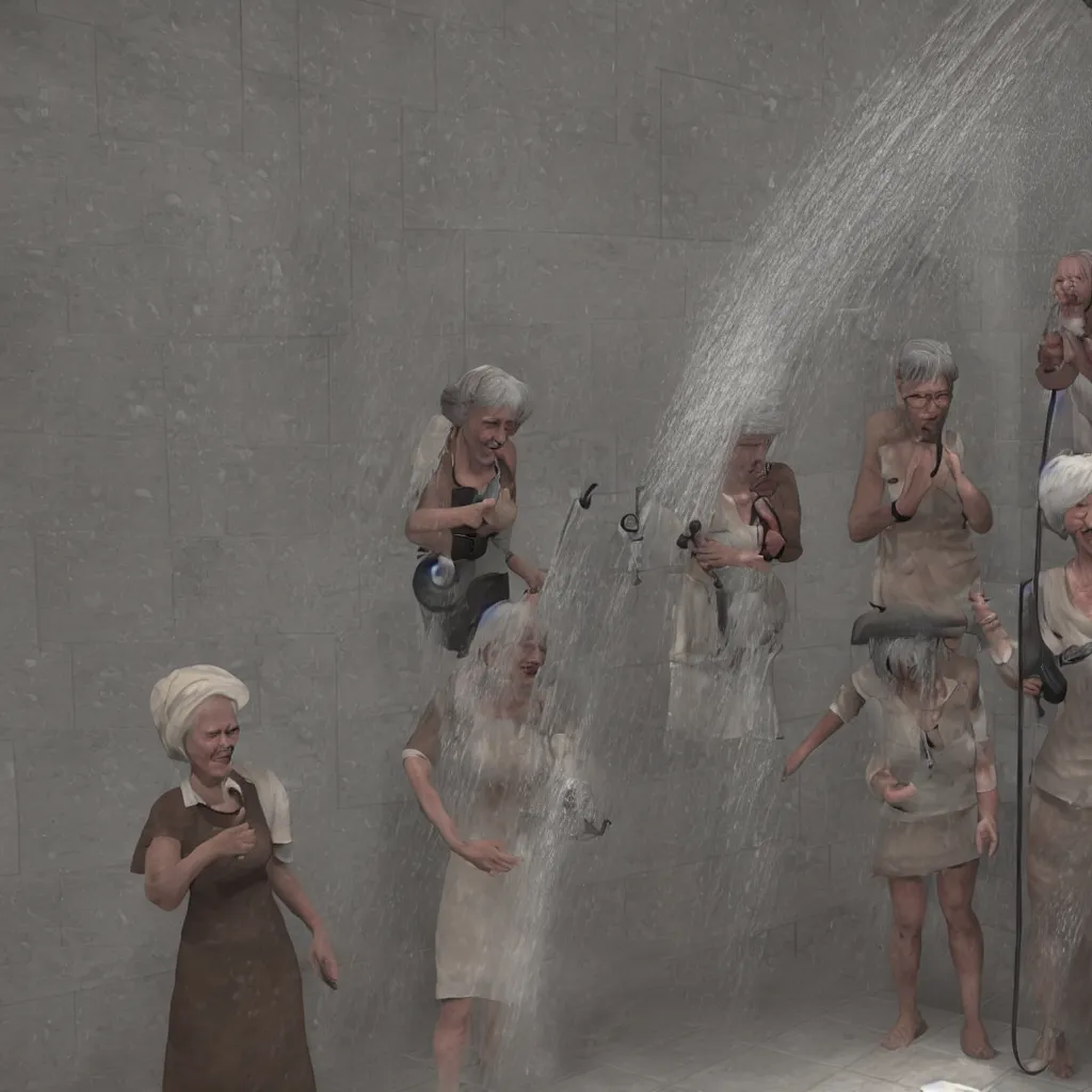 Prompt: Three old ladies shouting into a shower head, unreal engine, high detail