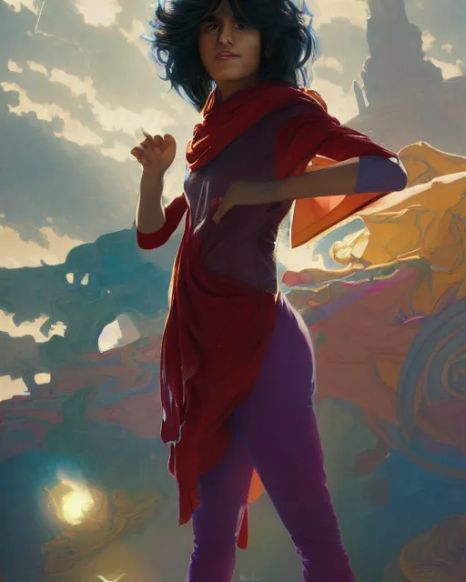 Prompt: A Full View of Kamala Khan played by Iman Vellani, filled with wonder. MCU. John hughes film. masterpiece 4k digital illustration by Ruan Jia and Mandy Jurgens and Artgerm and greg rutkowski and Alexander Tsaruk and WLOP and william-adolphe bouguereau, award winning, Artstation, art nouveau aesthetic, Alphonse Mucha background, intricate details, realistic, panoramic view, Hyperdetailed, 8k resolution, intricate art nouveau