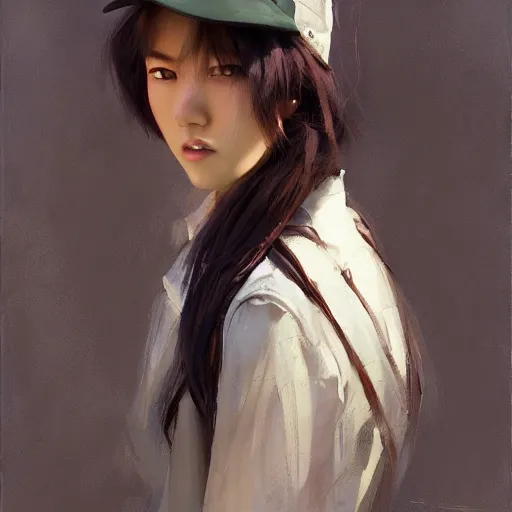 Prompt: oil painting by ilya kuvshinov,, chad knight, artgerm craig mullins, coby whitmore, of a youthful japanese girl, long hair, hunter's outfit, hunter's hat,, holding a rifle highly detailed, breathtaking face, studio photography, noon, intense bounced light, water reflection, large tree casting shadow, serine intense sunlight