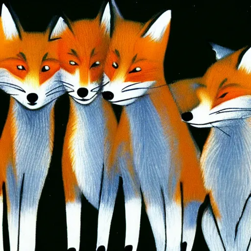 Prompt: a gang of foxes who are in the mafia