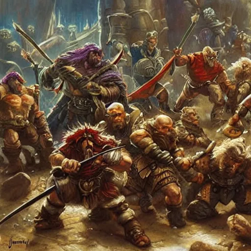 Image similar to DnD dwarves fighting goblins. Epic painting by james gurney.