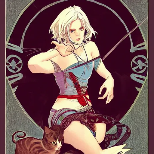 Prompt: Ciri holding a cat, manga style, expressive comic art, trending on artstation, digital art, by Alphonse Mucha, highly detailed