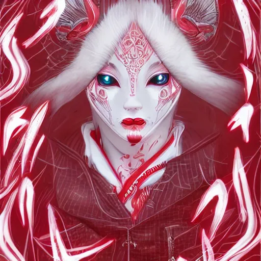 Image similar to albino kitsune maiko nekomimi, red and white neon, concept art, intricate details, highly professionally detailed, cgsociety, highly detailed -