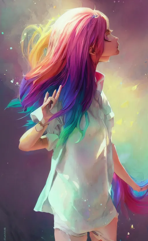 Image similar to a kawaii woman with rainbow hair, happy, summer time, soft eyes and narrow chin, dainty figure, long hair straight down, kawaii shirt and jeans, basic white background, In style of by Jordan Grimmer and greg rutkowski, crisp lines and color