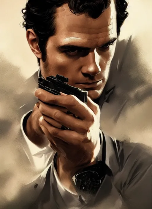 Prompt: portrait of henry cavill as james bond, highly detailed, pistol, digital painting, artstation, concept art, oppresive lighting, sharp focus, illustration, art by artgerm and greg rutkowski and alphonse mucha