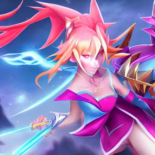 Image similar to star guardian xayah and star guardian kai'sa are friends, league of legends, by weta digital, 3 - dimensional, photograph, hyper relealistic, rays of shimmering light