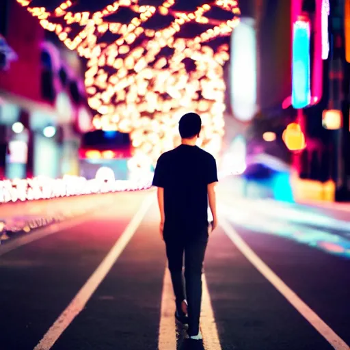 Prompt: a young man with black hair, walking down a neon-lit street at night, 8K high-resolution photograph, bokeh, highly-detailed