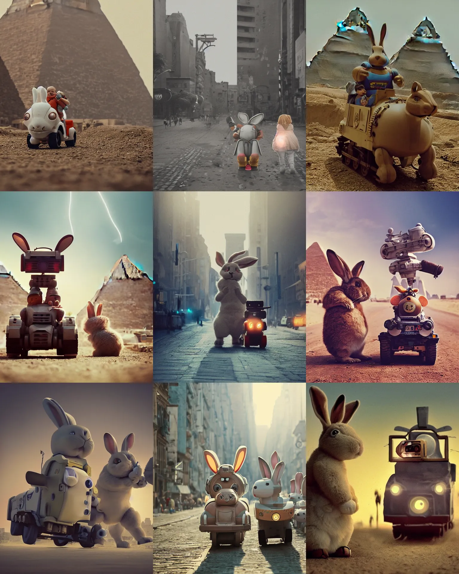 Prompt: epic_battle_pose_giant_oversized_battle_rabbit_robot_chubby_mech_baby_train_cute_with_big_ears_and_rabbit in giza , Cinematic focus, Polaroid photo, vintage, neutral colors, soft lights, foggy, by gregory crewdson