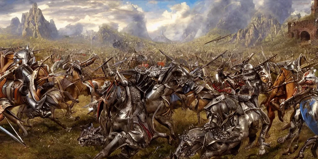 Prompt: james gurney detailed digital painting of a battle scene, mounted knights fighting against a dragon from the computer game master of magic ( 1 9 9 4 ), cinematic shot, very detailed, maximalism, unreal engine, hyper realism, realistic shading, cinematic composition, blender render, octane render, hdr, detailed textures, photorealistic, very wide shot, 1 6 mm lens