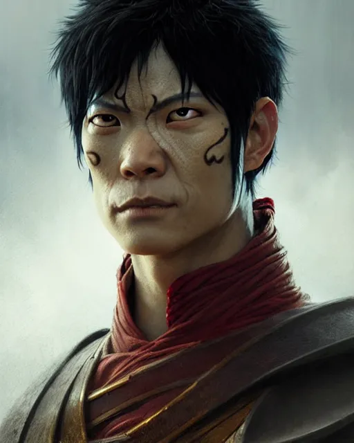 Image similar to zuko from avatar the last airbender, character portrait, portrait, close up, concept art, intricate details, highly detailed by greg rutkowski, michael whelan and gustave dore