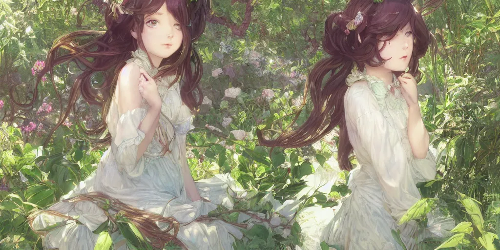 Prompt: a digital art of a loli with long hair in a dress in the privet garden at after noon, green and warm theme, by krenz cushart and mucha and akihito yoshida and greg rutkowski, detailed eyes, 4 k resolution 、 trending on art station