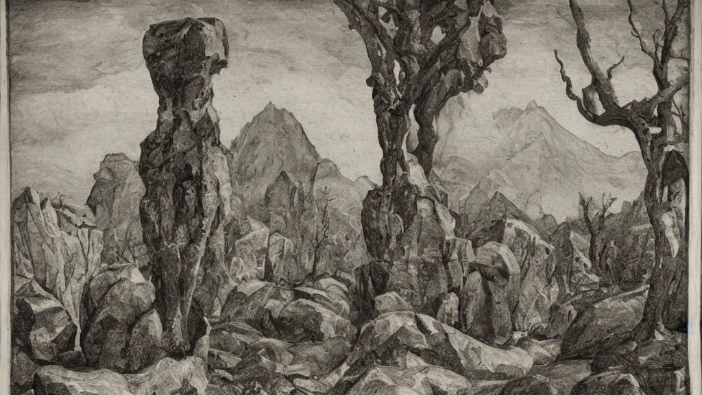 Image similar to a medieval chiaroscuro lithograph of a colossal granite sculpture garden by kurt seligmann and edward steichen, on a lawn, distant mountains, the merely beautiful bore me to death