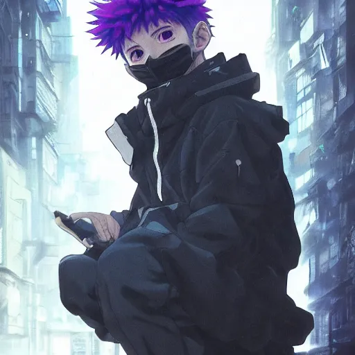 Image similar to very cool killua zoldyck with mask, streetwear, techwear, cyberpunk style outfit, full body, nose piercing, detailed portrait, intricate complexity, by greg rutkowski, artgerm, ross tran, conrad roset, takato yomamoto, ilya kuvshinov. 4 k, beautiful, cinematic dramatic atmosphere