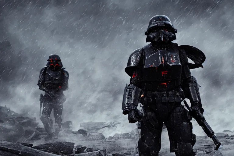 Image similar to black armor helghast soldier kerberos panzer cop sith trooper hybrid in a still of illang the wolf brigade ( 2 0 1 8 ) film, vfx, post processed