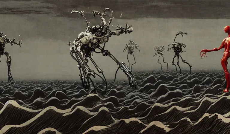 Image similar to still frame from Prometheus by Jakub rozalski by utagawa kuniyoshi by Yves Tanguy, Vast blossoming hell plains with resurrecting arcane glowing mycelium biomechanical giger cyborgs in style of Jakub rozalski with character designs by Neri Oxman, metal couture haute couture editorial