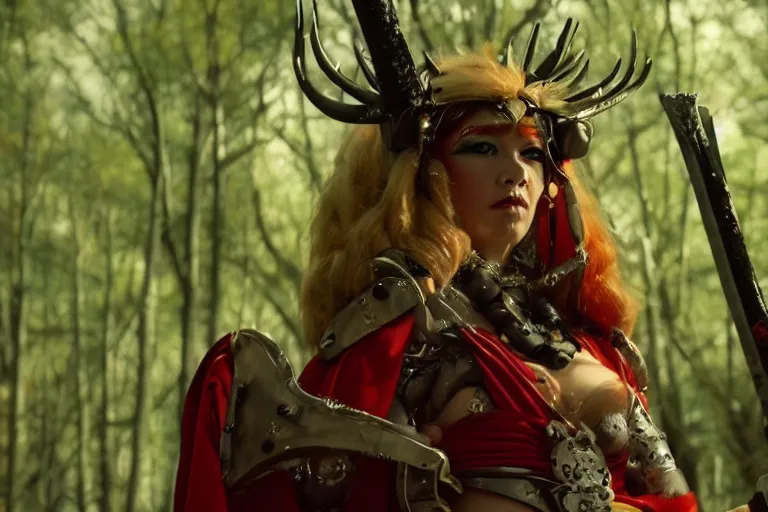 Image similar to vfx movie scene closeup nomad cyborg warrior viking geisha in a smoldering forest. by emmanuel lubezki