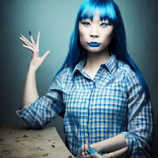 Image similar to photograph of an woman with blue skin, wearing a checked shirt, fantasy, portrait, peter xiao