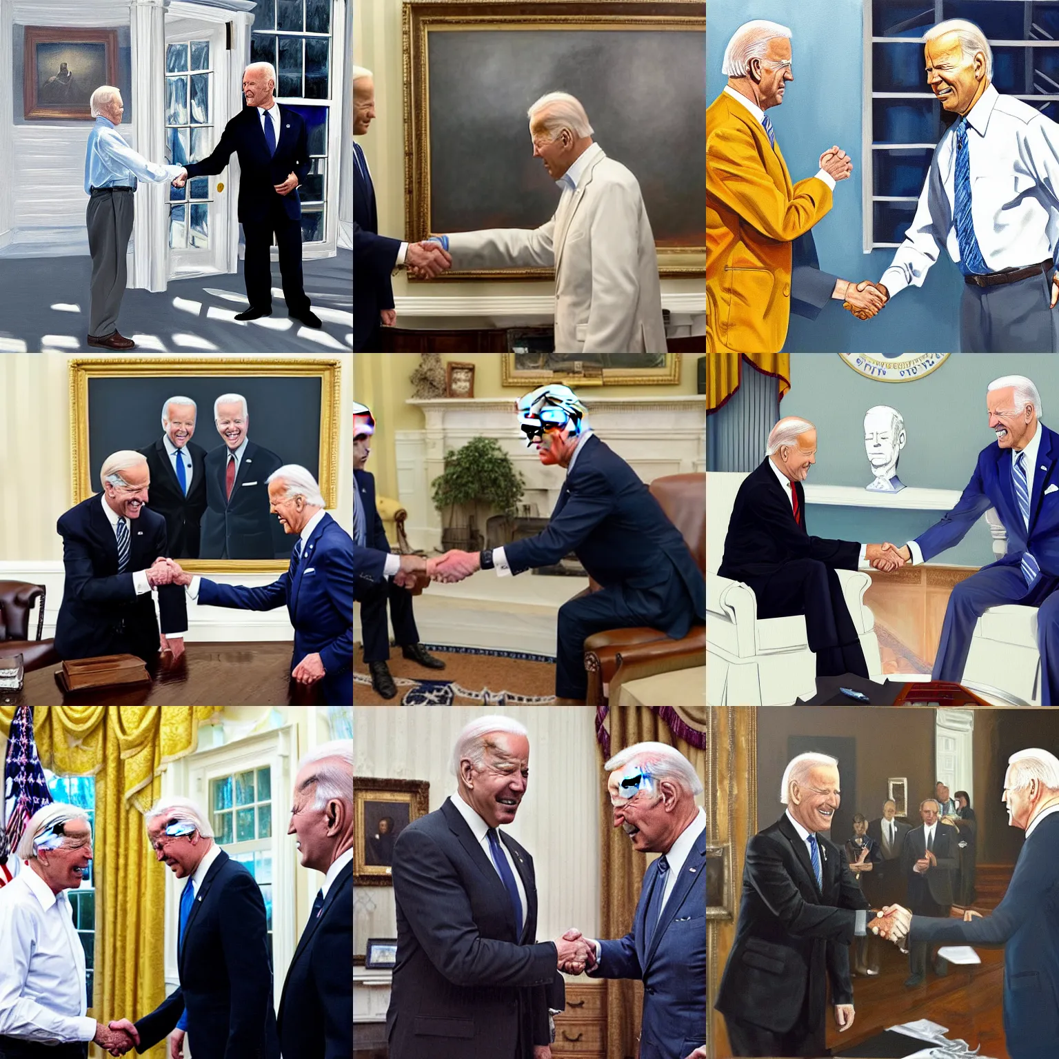 Prompt: Walter White shakes hands with Joe Biden in the White House, photorealistic painting, hyper realism, high detail