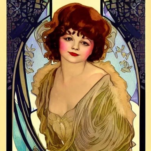 Image similar to clara bow, mucha style, art nouveau, art deco,