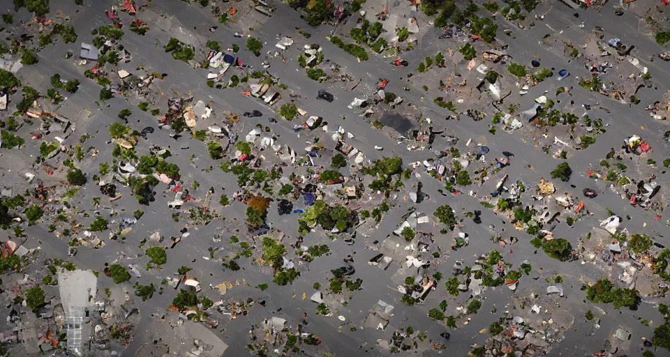 Image similar to top down aerial view of dilapidated zombie - apocalypse city with supermarket and shopping street in real life, desolate with zombies, dilapidated, zombies in the streets, nightmarish, some rusted style parked vehicles, sunny weather, few clouds, volumetric lighting, photorealistic, daytime, autumn, sharp focus, ultra detailed, cgsociety