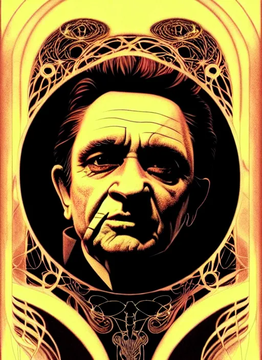 Image similar to portrait of johnny cash glowing eyes, volumetric lights, feast, music notes, art nouveau botanicals, gothic, intricate, highly detailed, digital painting, artstation, concept art, smooth, sharp focus, symmetric face, illustration, steampunk, art by artgerm and greg rutkowski and alphonse mucha