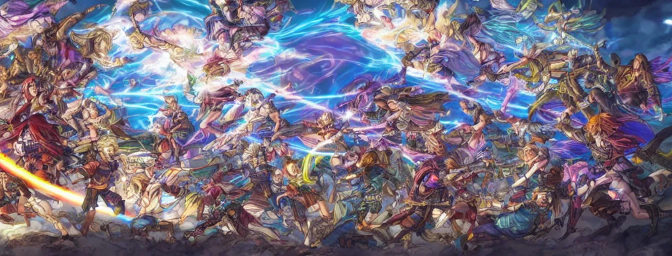 Prompt: rainbow souls fighting on a battlefield with spirit power flying around. hyperrealistic anime background illustration by kim jung gi, colorful, extremely detailed intricate linework, smooth, super sharp focus, bright colors, high contrast, matte, octopath traveler, unreal engine 5 highly rendered, global illumination, radiant light