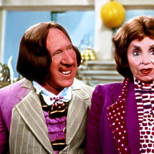 Image similar to a frame from the movie willy wonka and the chocolate factory, starring nancy pelosi and tim allen