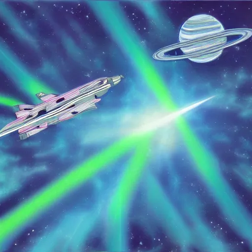 Prompt: starship flying through space, vaporwave style, 1 9 9 2 4 k masterpiece